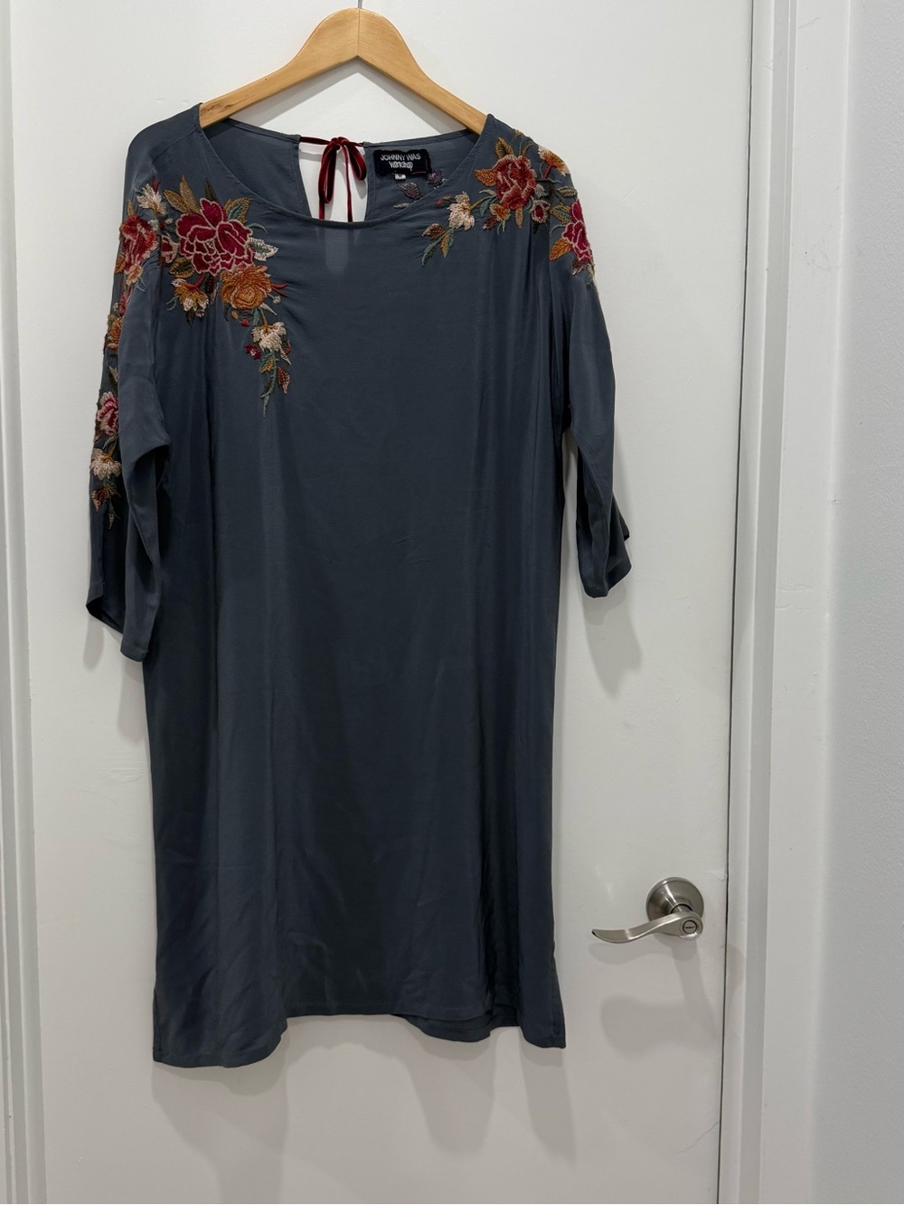 Johnny Was Blue Gray Floral Embroidered Tunic Dress Long Sleeve Boho Sz M